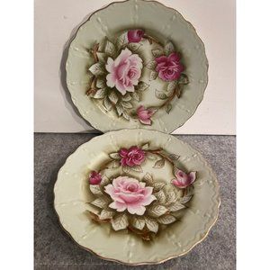 2 Vintage Lefton Green Heritage Salad Plate Pink Rose Handpainted 9inches  #916